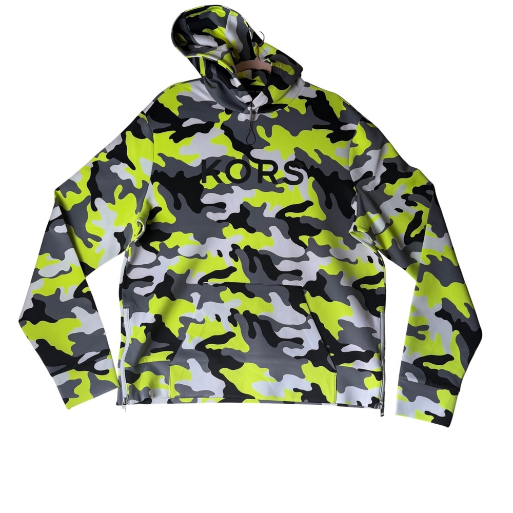 Michael Kors Mens XL Neon Camo Side Zip Hoodie Grey Yellow Black Pullover
